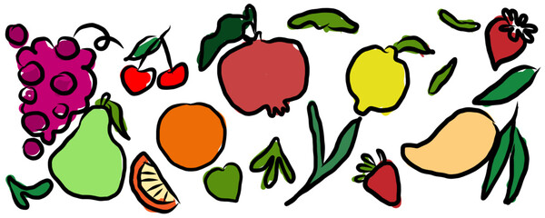 fruit, fresh, food, healthy, organic, isolated, orange, vegetarian, background, strawberry, diet, apple, green, sweet, natural, set, vitamin, ingredient, raw, kiwi, lemon, tropical, citrus, ripe, berr