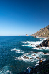 Panoramic view Playa del Roque de las Bodegas and blue Atlantic ocean, Anaga national park near Tanagana village,  North of Tenerife, Canary islands, Spain