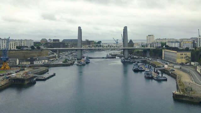 Brest, Brittany, France, aerial view over the docks and Recouvrance Bridge