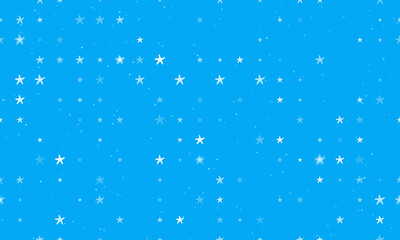 Seamless background pattern of evenly spaced white starfish symbols of different sizes and opacity. Vector illustration on light blue background with stars