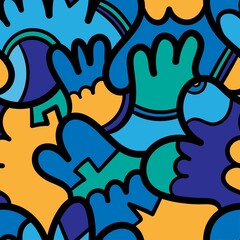 Seamless abstract pattern on blue background. Vector doodle image. Graphic linear wallpaper.