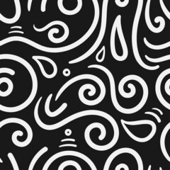 Seamless abstract pattern on black background. Vector doodle image. Graphic linear wallpaper.
