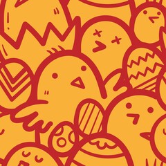 Easter seamless pattern with cute cartoon chicks on orange background. Painted eggs print. Holiday doodle wallpaper.
