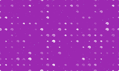 Seamless background pattern of evenly spaced white marine nautilus symbols of different sizes and opacity. Vector illustration on purple background with stars