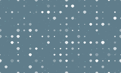 Seamless background pattern of evenly spaced white sea shell symbols of different sizes and opacity. Vector illustration on blue gray background with stars