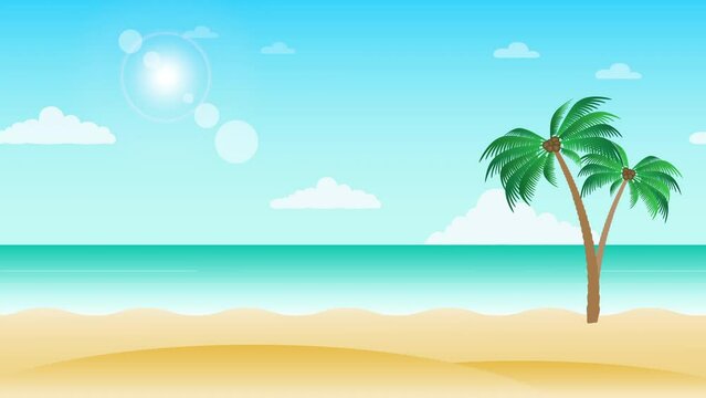 Beautiful beach landscape animation with palm trees sea side view. Seamless loopable background.