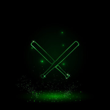 A large green outline baseball bats symbol on the center. Green Neon style. Neon color with shiny stars. Vector illustration on black background