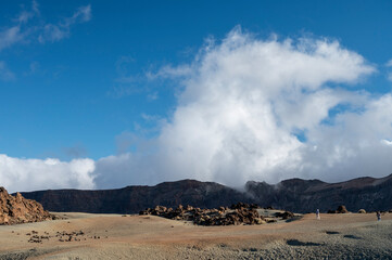 Visiting Teide national park on Tenerife and view on volcanic landscapes, Canary islands, Spain