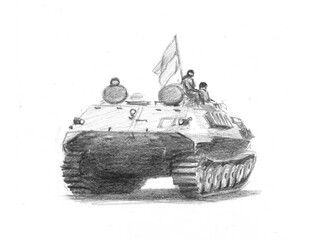 Pencil drawing tank with ukrainian flag and soldiers on it