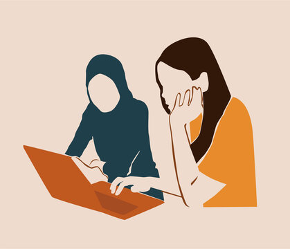 Women In Hijab Work On A Laptop. Abstract Portrait. Office Workers. 