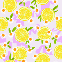 Seamless pattern with chaotic lemons and chamomiles