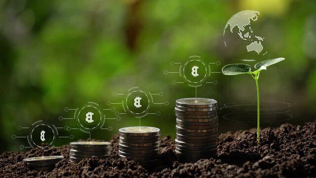 bitcoin on coin stack increase business growth concept. bitcoin sign hologram background.