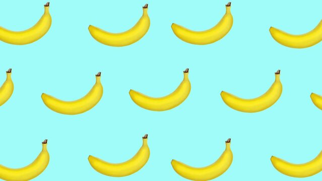 Abstract colorful animation - bananas wiggle and move at color background. Seamless loop animation.
