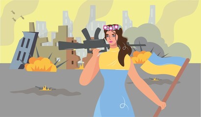 Ukrainian girl with a flag and a gun. Military fearless woman in a burning city during the bombing is ready for military action. Stop the war in Ukraine. Vector flat isolated closeup illustration