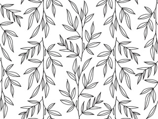 doodle pattern with endless leaves. seamless vector background with twigs and leaves. hand drawn plants isolated on white background.
