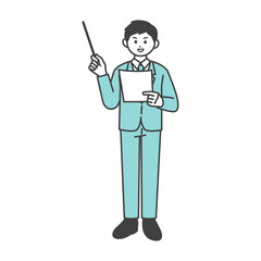 男性社員が指し棒で説明するイラスト素材