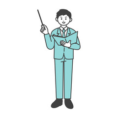 男性社員が指し棒で説明するイラスト素材