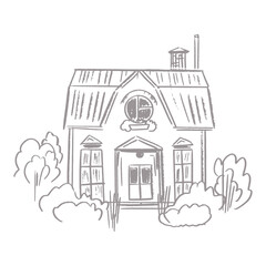 Line drawing building, house. Vector sketch hand drawn illustration of country house.