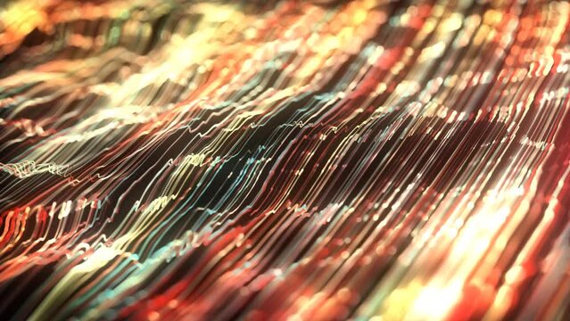 Abstract Glowing Light Strings Background With Depth Of Field/ 
4k animation of an abstract wallpaper looped background of light stroke glowing and waving with ambien occlusion and depth of field