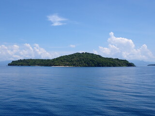 A small uninhabited island covered with green plants in the middle of a calm ocean.