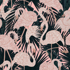 naadloos patroon met sierlijke delicate roze flamingo& 39 s in smaragdgroen weelderig exotisch gebladerte. Grafisch ontwerp oppervlaktepatroon. Textielontwerp, behangdecor