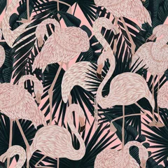 Tapeten Flamingo Nahtloses Muster mit anmutigen, zartrosa Flamingos in smaragdgrünem, üppigem, exotischem Laub. Oberflächenmuster für grafisches Design. Textildesign, Tapetendekor