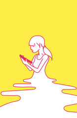 Modern line vector illustration of a young girl wasting time by using the smartphone for social networking