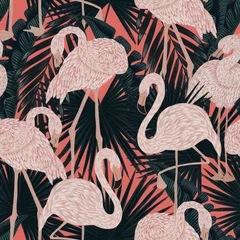 Garden poster Flamingo seamless pattern with graceful delicate pink flamingos in emerald rich lush exotic foliage. Graphic design surface pattern. Textile design, wallpaper decor