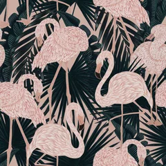 Wallpaper murals Flamingo seamless pattern with graceful delicate pink flamingos in emerald rich lush exotic foliage. Graphic design surface pattern. Textile design, wallpaper decor