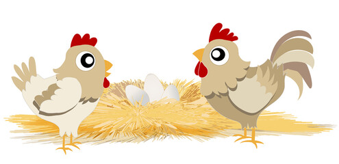 Coq et poule devant un nid rempli d’œufs 