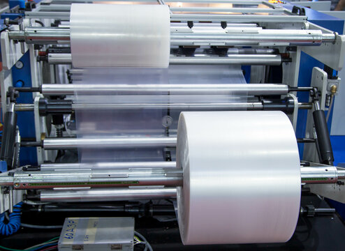 Process of extruder polyethylene plastic bag. Industry plastic manufacturing