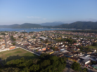 Paraty, one of the oldest historic cities in Brazil, dates back to the colonial era. Top view by drone. Aerial view.
