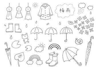 梅雨にまつわる手描きイラストセット（モノクロ）
