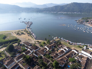 Paraty, one of the oldest historic cities in Brazil, dates back to the colonial era. Top view by drone. Aerial view.