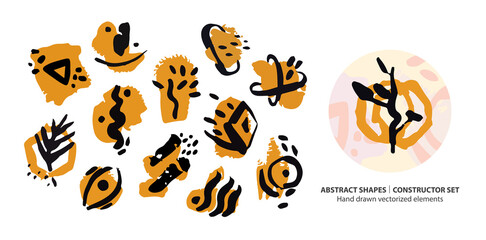 Abstract hand drawn brush shapes in organic style set. Vector elements collection of trendy brush strokes and graphic shapes and lines. Filler modern elements for aesthetic design isolated on white