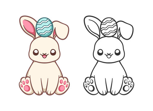 Easter bunny with egg on its head cartoon and outline illustration set