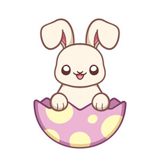 Easter bunny inside cracked egg, cute cartoon illustration