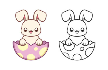 Easter bunny inside cracked egg, cute cartoon illustration