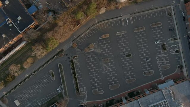 Aerial top-down view over parking of shopping center of Durham downtown in North Carolina. USA