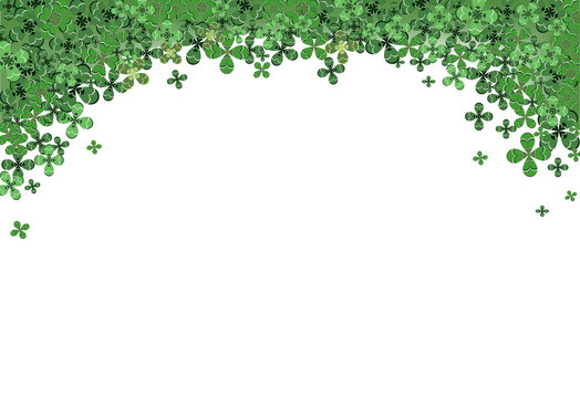 Shamrock falling leaves with lights isolated on white background. Green irish symbol Good Luck. Vector clover pattern for Saint Patrick's Day holiday greeting card design.