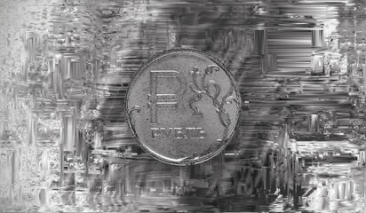 Broken ruble. Fluctuation of the ruble concept illustration. Ruble coins glitch illustration, financial theme, finance