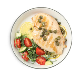 Delicious cooked chicken fillet with capers and salad on white background, top view