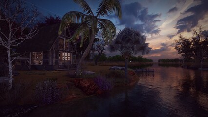 Fototapeta premium wooden house in front of the lake 3d illustration