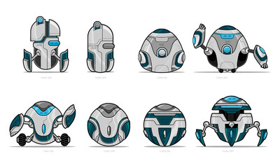 illustration of a collection of cute robot objects with different shapes such as ovals, rounds and some like eggs 