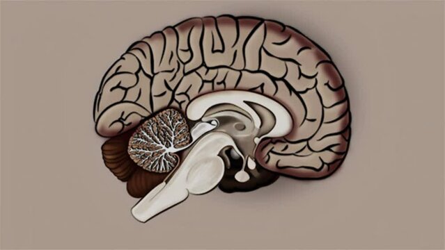 Brain anatomy, animated Illustration, cross-section of brain indexed, intracranial, cerebellum, hipofis gland and brain stem indexed, Glándula pituitaria o hipófisis,  adobe stock UHD, 4K