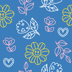 Fototapeta na wymiar Seamless pattern with hand drawn doodle flowers. Trendy, lovely design, perfect for prints and patterns, textile, fabric, children background. Groovy, retro decoration. Spring linear decor