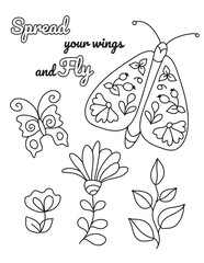Positive, Inspirational Hand drawn coloring pages for kids and adults. Beautiful drawings with patterns and details. Coloring book pictures with blooming branches, flowers, smile, stickers, quotes