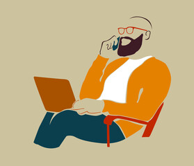 Man in glasses working on the computer. Abstract man portrait. Freelance online work. 
