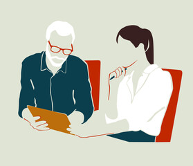 Obraz premium Office workers. Man in glasses holding a tablet chating with woman. Abstract portrait.