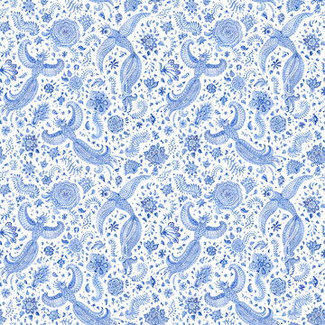 Floral seamless pattern of blue watercolor painted fantasy peacock bird, paisley elements, fairy tale flower, foliage on a white background. Textile print, wallpaper, wrapping paper